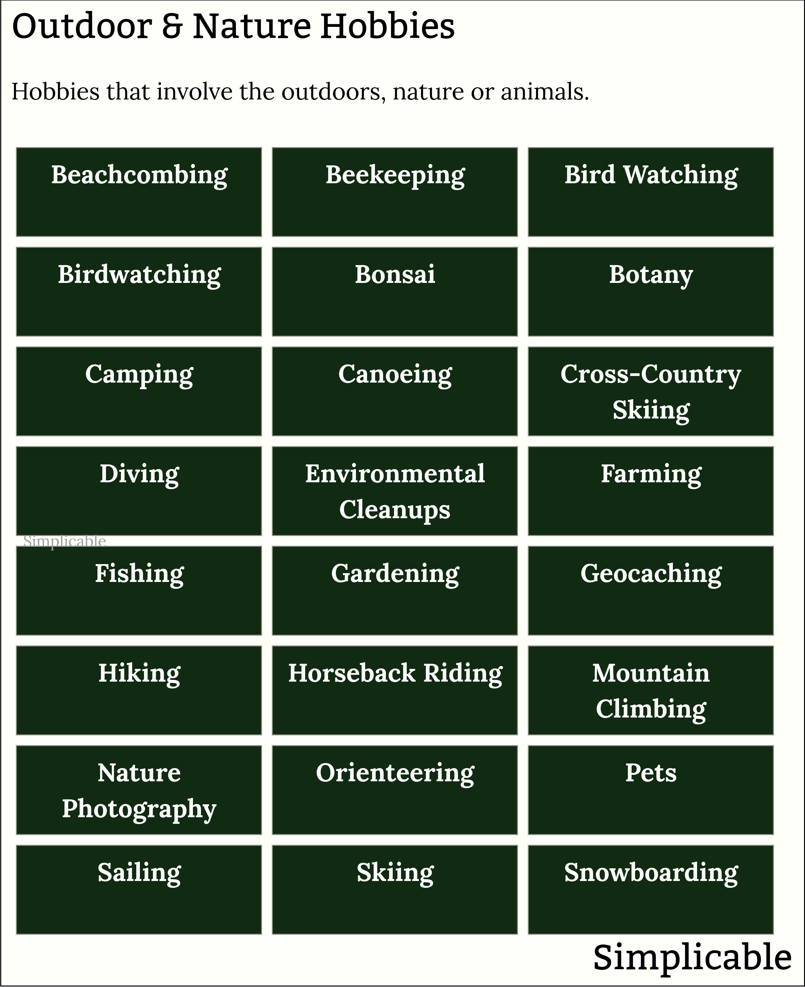 examples of outdoor and nature hobbies