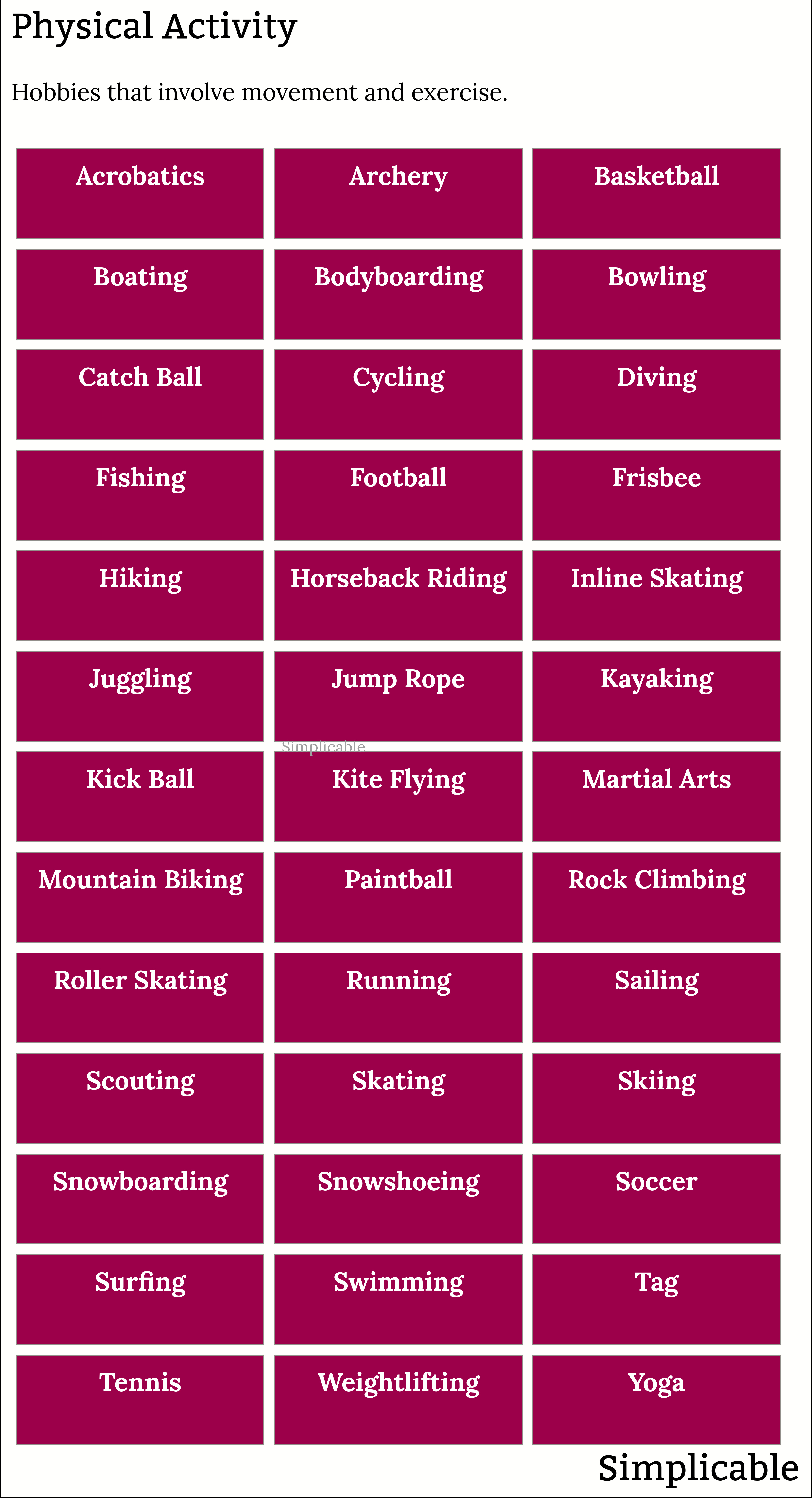 examples of physical activity hobbies