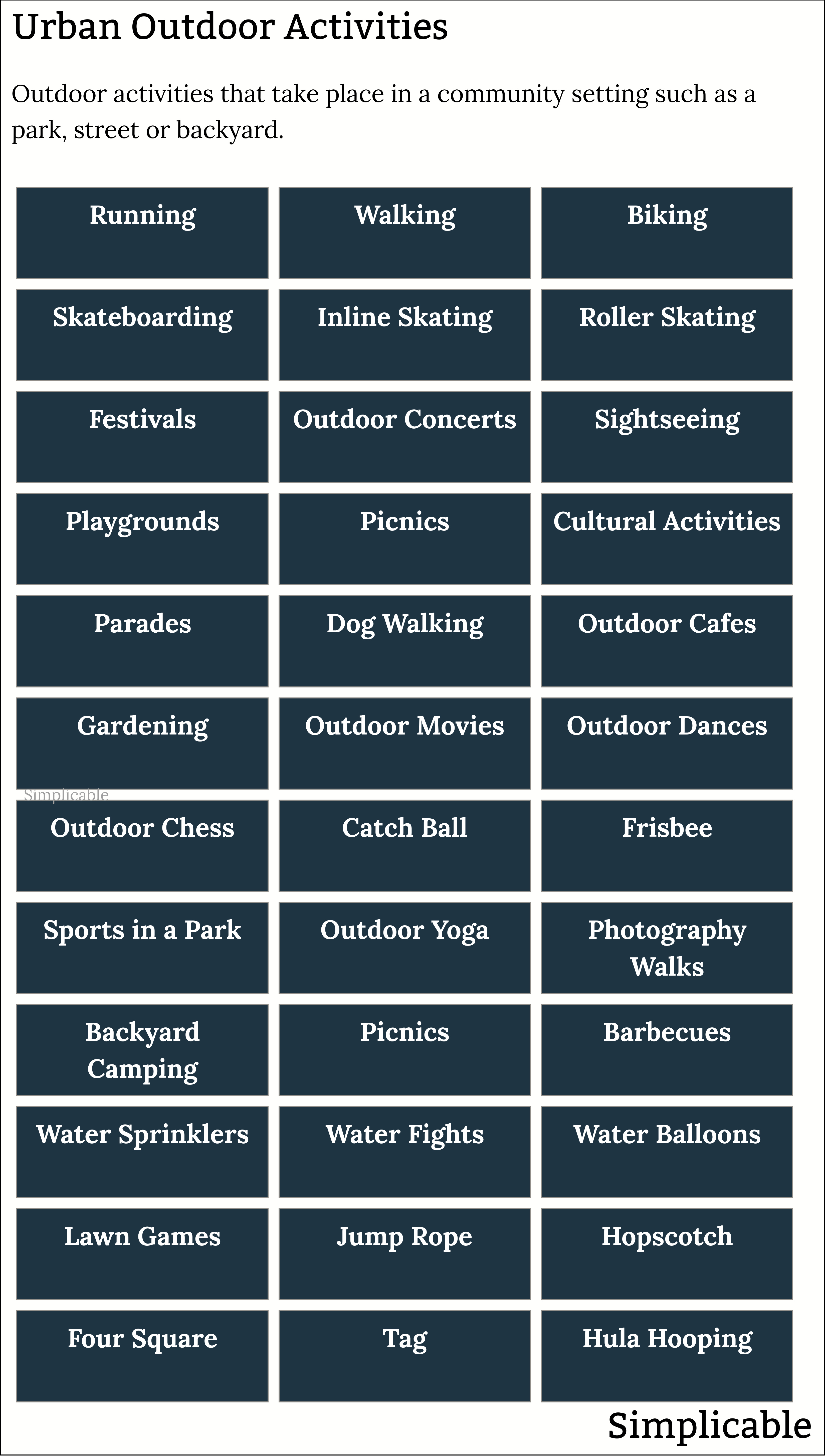 examples of urban outdoor activities